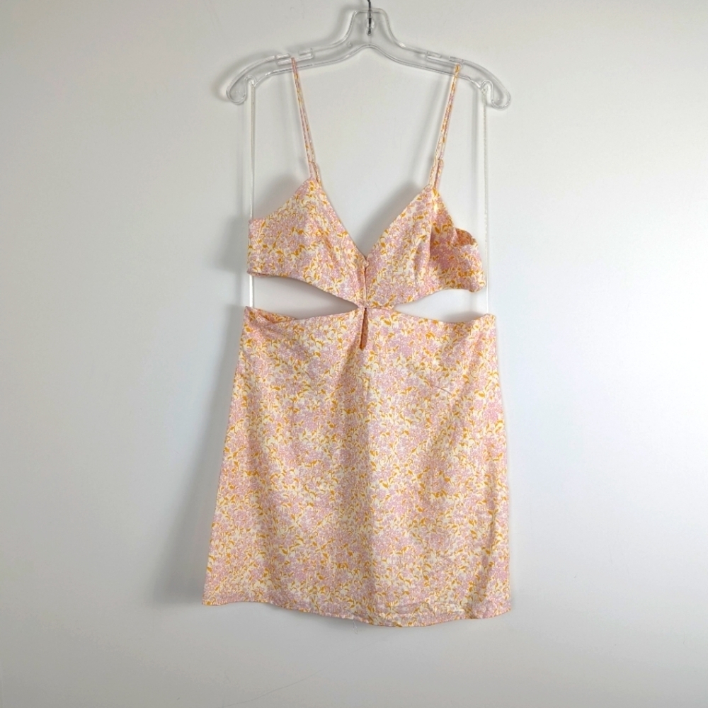 Zara Woman Pastel Floral Linen-Cotton Blend Dress with Cut-Out Detail - XXL